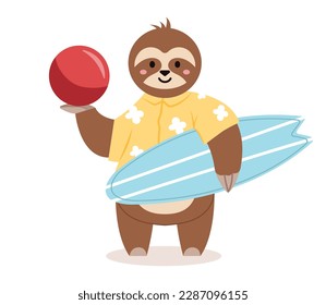 Concept Sloth character beach look surfing surfboard. This is a flat, web-ready vector illustration of a cute sloth character enjoying a day at the beach. Vector illustration.