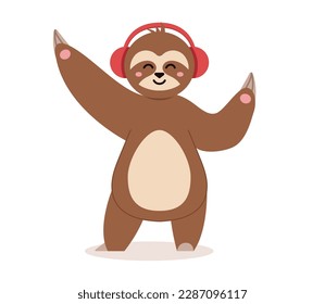 Concept Sloth character dancing and listening to music in big headphones. This illustration is a flat, web concept featuring a cute sloth character. Vector illustration.