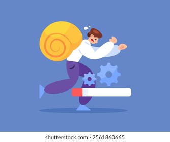 concept of a slow worker or employee. slow performance. not fast or agile in working. illustration of a man running breathlessly carrying a snail shell. flat style design. element