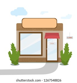 The concept of a small shop with signs on a white background.
