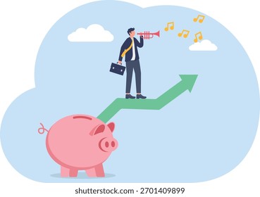 conceito de homem de negócios inteligente jogando flauta para encantar seta de gráfico de investimento para cima
