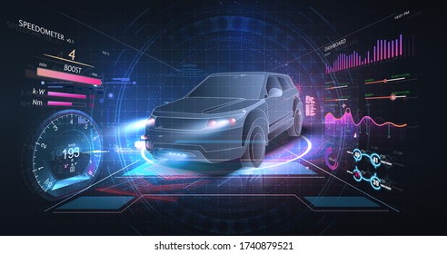 Concept of smart car technology. Car isometric hologram, in HUD style. Electric auto. Hologram car in low poly style. Futuristic car concept with dashboard speedometer, diagnostics. ( HUD, GUI, VFX )