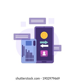 a concept of smart card as a tool
for payment, transaction, and identification. illustration of an identity card, smartphone, coin, arrow symbol, and account symbol. flat style. vector design element
