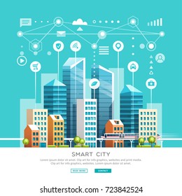 Concept of smart city with different icons and elements. Future technology for living. Urban landscape with buildings and skyscrapers. Vector illustration.