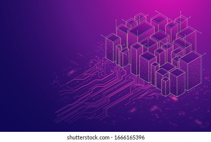 concept of smart city or digital city, graphic of buildings with electronic pattern in isometric