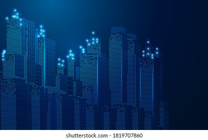 concept of smart city or digital city, wireframe cityscape in futuristic style