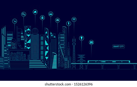 Concept Of Smart City, Graphic Of Buildings With Digital Technology Icons