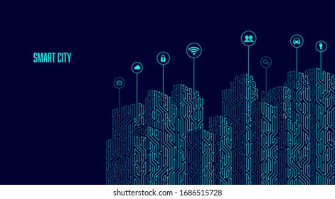 concept of smart city, graphic of buildings combined with electronic pattern