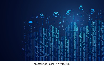 Concept Of Smart City, Graphic Of Buildings Combined With Electronic Pattern