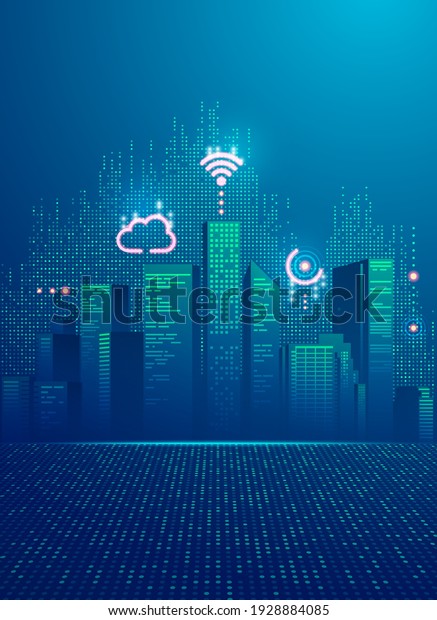 concept of smart city, graphic of buildings with\
digital technology\
element