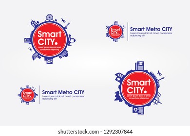 The concept of smart city icons - Metropolis, in red and blue colors with silhouettes of buildings and public transportation facilities