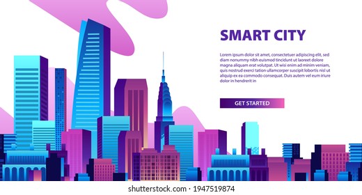 Concept of smart city illustration with modern pop colorful big city urban building skyscraper with gradient color and white background