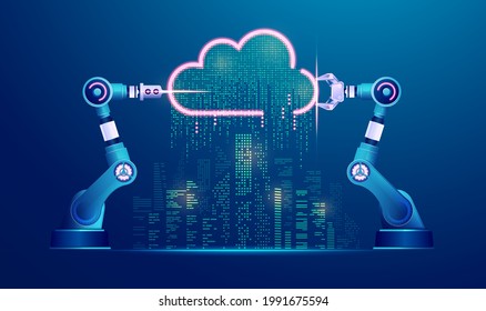 concept of smart city or industry 4.0, graphic of robotic arms with cloud computing and futuristic city