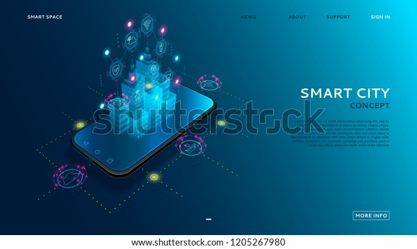 Iotを使ったスマートシティのコンセプト スマートフォンの画面に映し出された 物のインターネットを使ったデジタル ホログラム It アイコンのワイヤレス接続を持つベクターイラスト のベクター画像素材 ロイヤリティフリー 1205267980