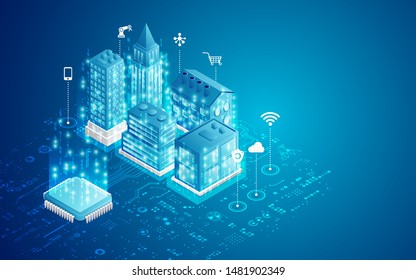 concept of smart city, microchip with buildings and electronic pattern in isometric