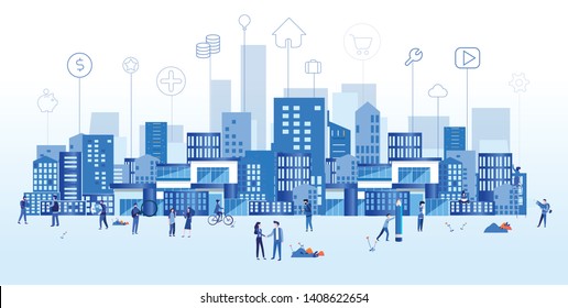 Concept Smart city for web page, banner, presentation, social media. Intelligent building isometric vector, Smart building, building on smartphone, 3d, system of intelligent, Big Data, Analytics