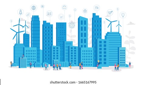 Concept Smart city for web page, banner, presentation, social media. Intelligent building isometric vector, Smart building,   system of intelligent, Big Data, Analytics. Vector illustration. 