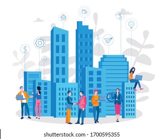 Concept Smart city for web page, banner, presentation, social media. Intelligent building isometric vector, Smart building,  system of intelligent, Big Data, Analytics