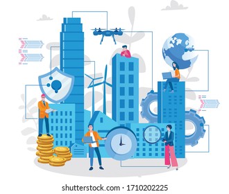 Concept Smart city for web page, banner, presentation, social media. Intelligent building isometric vector, Smart building, building on smartphone, system of intelligent, Big Data, Analytics