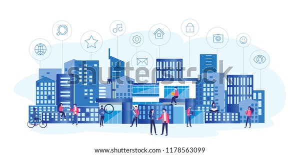 Concept Smart city for web page, banner,\
presentation, social media. Intelligent building isometric vector,\
Smart building, building on smartphone, 3d, system of intelligent,\
Big Data, Analytics