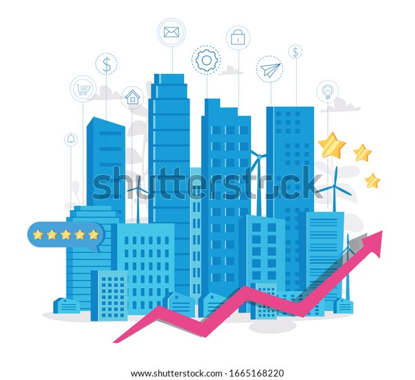 Concept Smart city for web page, banner,\
presentation, social media. Intelligent building isometric vector,\
Smart building,   system of intelligent, Big Data, Analytics.\
Vector illustration. Eco\
city