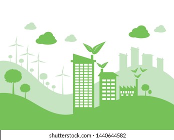 Concept of smart city with wind power plants. Vector design.