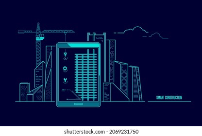 concept of smart construction technology, graphic of buildings as an application on tablet