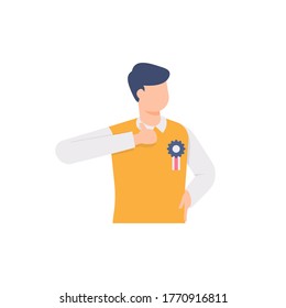 el concepto de un empleado inteligente, creativo, innovador y bueno. ilustración de un hombre que obtiene una medalla o premio y señala su pulgar hacia arriba. diseño plano. se puede utilizar para elementos, páginas de inicio, interfaz de usuario, web