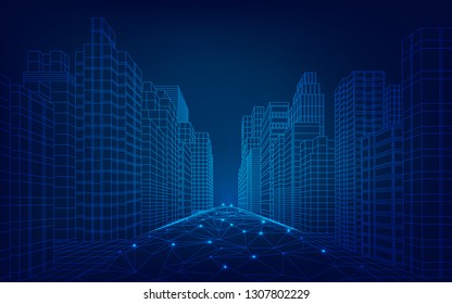 concept of smart or digital city, wireframe cityscape in futuristic style