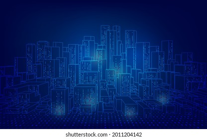 concept of smart or digital city, wireframe cityscape in futuristic style