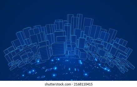 concepto de ciudad inteligente o digital, paisaje de citología de marco alámbrico en estilo futurista