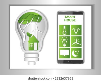 The concept of a smart eco-friendly home, a smartphone with a remote control application. Concept of green house, green energy, eco house, green city, recycling concept, clean house