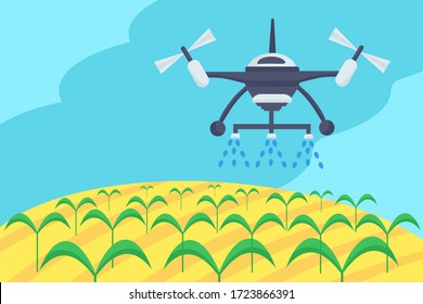 Concept of smart farm. Smart farming tech with irrigation drone. Innovation technology and automatic sprinkler copter. Can used for banner, poster, layout, flyer.
