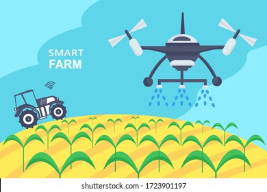 Concepto de granja inteligente. Tecnología agrícola inteligente con drones de irrigación y tractor sin tripulación con tecnología wi-fi. Tecnología de innovación y cobre de rociador automático. Se puede utilizar para banner, afiche, diseño