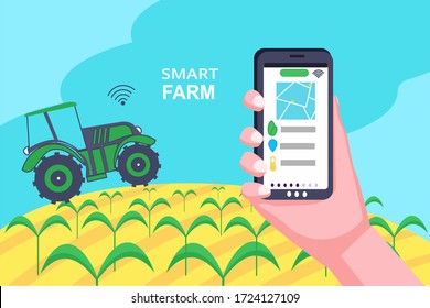 Concept of smart farm. Hand with phone on a background the field. Smart farming tech with unmanned tractor with wi-fi technology. Innovation technology. Can used for banner, poster, layout, flyer.