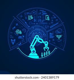 concept of smart farming or agriculture technology, graphic of robotic arm with green technology element interface