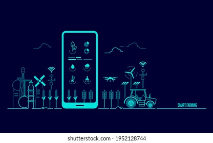 concept of smart farming or agritech, graphic of mobile phone with agriculture technology application and farming environment