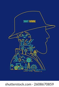concept of smart farming or organic agriculture, graphic of farmer character with agricultural engineering element inside