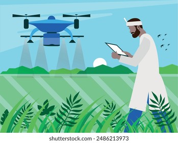 Concept smart farming using drones. Farmers control the use of drones to spray fertilizer on agricultural fields. Farmers control quadcopter from tablet and irrigated field. vector illustration.