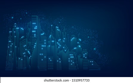 concept of smart or futuristic city, shape of buildings combined with line and dot in digital technology style