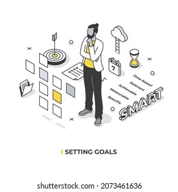 Concept of smart goals setting. Manager engages in creative thinking with sticky notes,  analyzing and brainstorming business goals. Vector isometric illustration