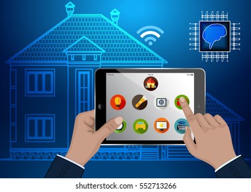 The concept of the smart home. Control all home systems remotely via computer tablet. Vector illustration on blue background