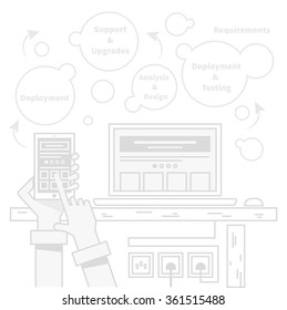 Concept of smart home and control device. Technology device, system mobile automation, monitoring energy power, electricity efficiency, equipment temperature, smart house, remote thermostat