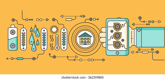 Concept of smart home and control device. Technology device, system mobile automation monitoring energy power electricity efficiency, equipment temperature, remote thermostat. Smart house illustration