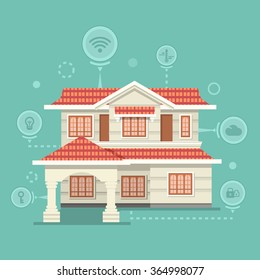 Concept of smart home and control device. Technology device, system mobile automation, monitoring energy power, electricity efficiency, equipment temperature, smart house, remote thermostat