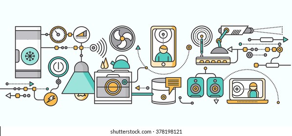 Concept of smart home and control device. Technology device, system mobile automation monitoring energy power electricity efficiency, equipment temperature, remote thermostat. Smart house illustration