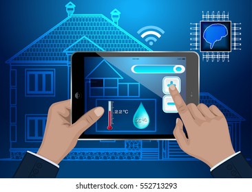 El concepto del hogar inteligente. El control de la temperatura y la humedad a distancia mediante tableta de ordenador. Ilustración del vector sobre fondo azul