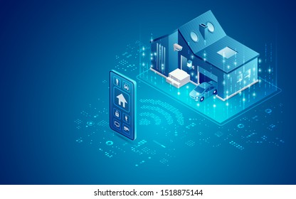 Konzept der intelligenten Heimtechnik, Mobiltechnologie und Haus in isometrischer Sicht mit digitaler futuristischer Schnittstelle