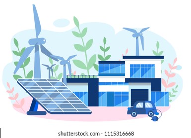 Concept smart house, clean electric energy from renewable sources sun and wind. Vector illustration wind turbines, alternative renewable energy. solar energy, eco, electro car, mobile app, save planet