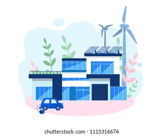 Concept smart house, clean electric energy from renewable sources sun and wind. Vector illustration wind turbines, alternative renewable energy. solar energy, eco, electro car, mobile app, save planet
